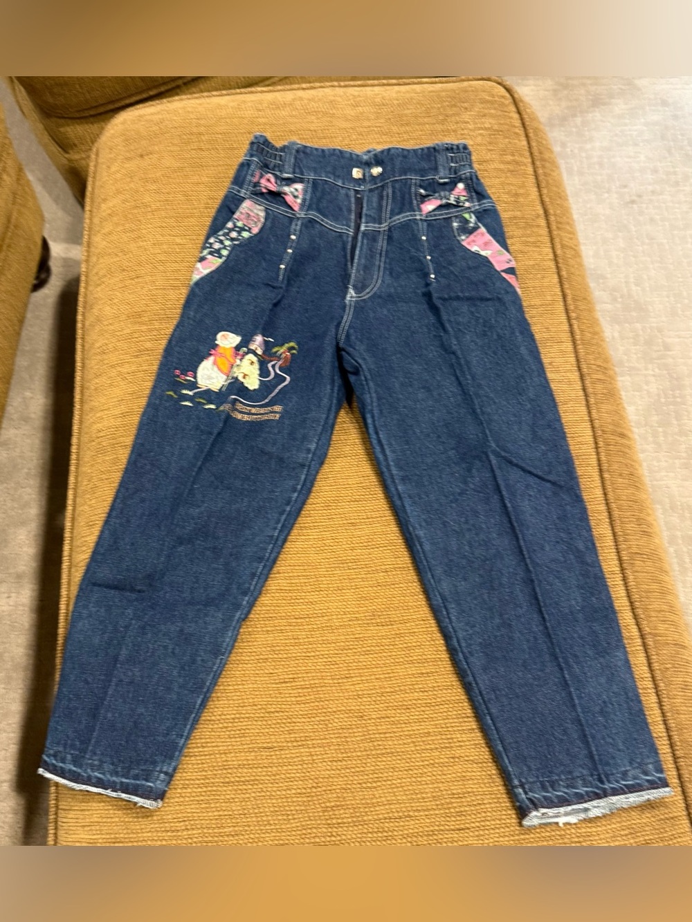 NWOT Vintage Dark Blue Embroidered Girls Jeans with Pink Accent